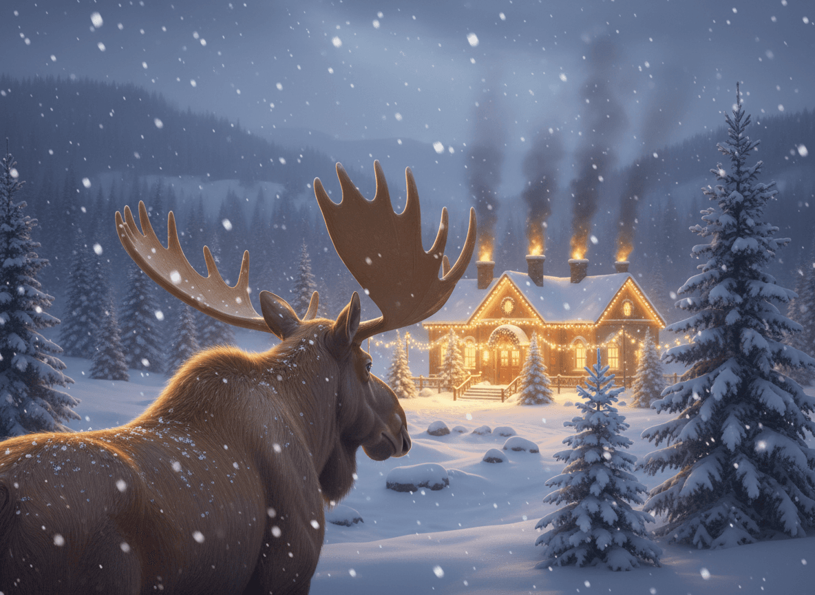 Bruce the moose standing in a snowy forest, gazing toward Santa's glowing workshop in the distance
