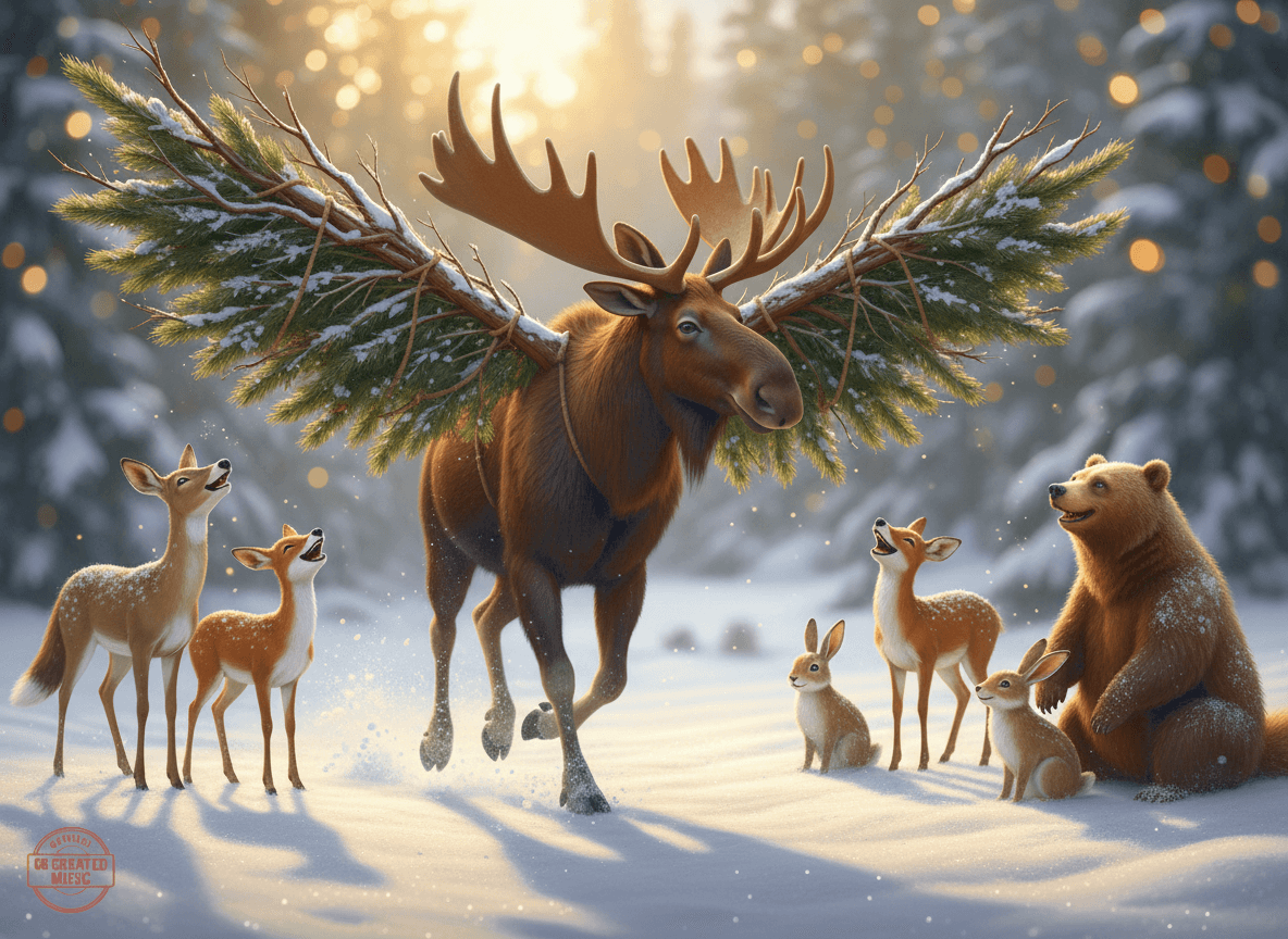 Bruce the moose wearing branches like antlers, running through the snow with forest friends cheering him on