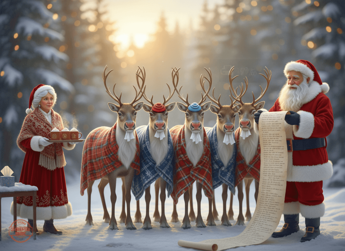 Santa and Mrs. Claus looking worried beside the reindeer, all wrapped in blankets