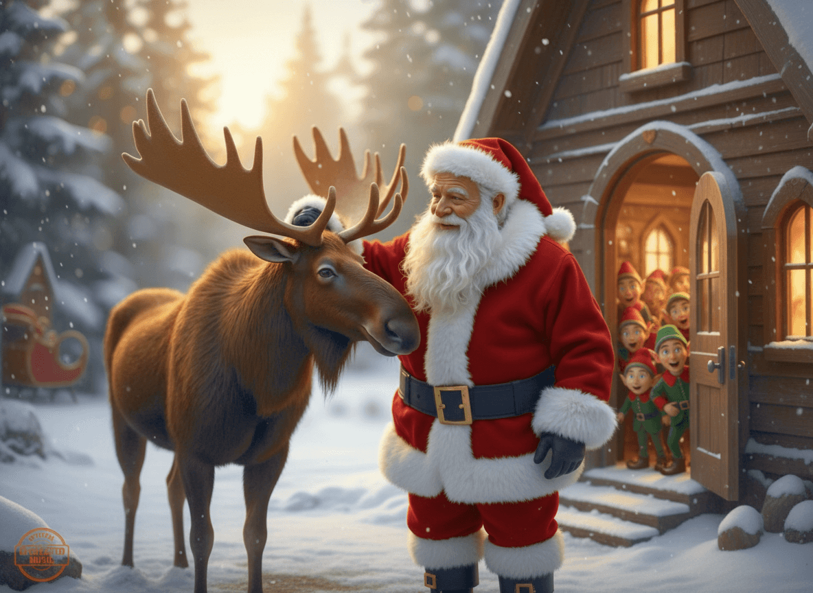 Santa placing a hand on Bruce's antlers outside the workshop as elves peek through the door