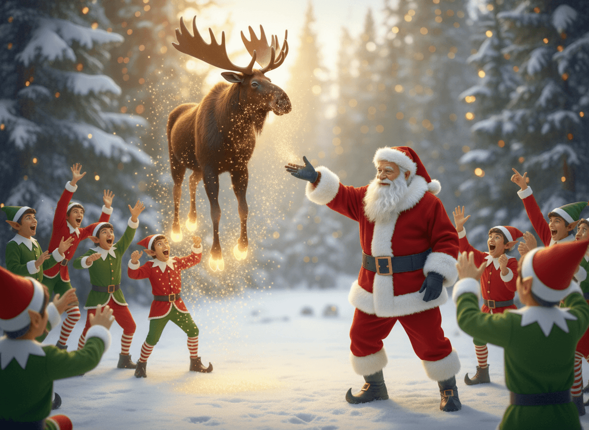 Bruce glowing with sparkling magic as Santa and cheering elves look on